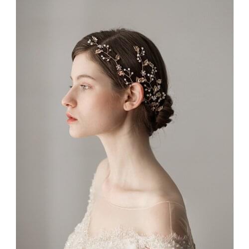 Romantic Sweetheart Bridal Headdress Golden Alloy Leaves Rhinestone Headband for Wedding Perform Studio Travel Photo O368