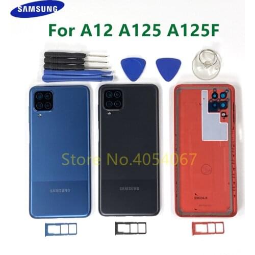 For Samsung Galaxy A12 A125F A125F/DS Plastic Back Battery Cover Housing Rear Door Case SIM Card Tray Replacement + Tools