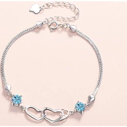 S925 Sterling Silver Bracelet Womens Double Hearts Lovers Bracelets Personalized Silver Jewelry Birthday Gifts Bracelet