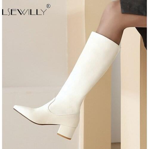 Lsewilly Fashion 2020 Chunky Heels High Knee Boots Black Red White Pointed Toe Knee High Long Boots Winter Female Shoes Botas