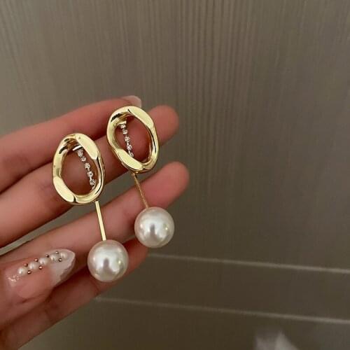 Korean Style Simple Geometric Pearl Drop Earrings for Women Elegant Rhinestone Earrings Graceful Temperament Jewelry
