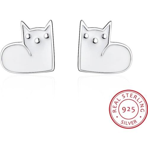 925 Sterling Silver Cute Cat Earrings White Black Enamel Kitty Piercing Ear Animal Stud Earrings Women Girls Fine Jewelry