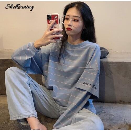 Shellsuning New Women Autumn Winter Sweatshitrs Stripe Round Neck Jumper Long-sleeved Knitted Korean Version Pullovers