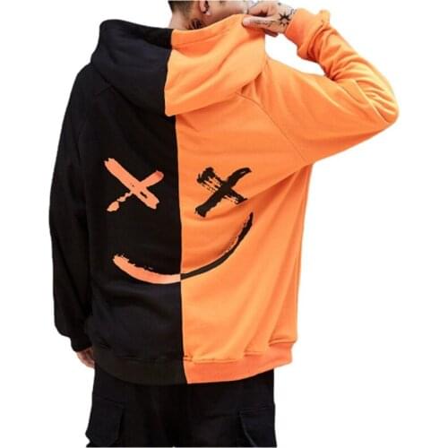 Hip Hop Smiley Printing Hoodies 2021 New O-neck Long Sleeve Splicing Sweatshirts Fashion Couples Hoodies Sweatshirt Streetwear