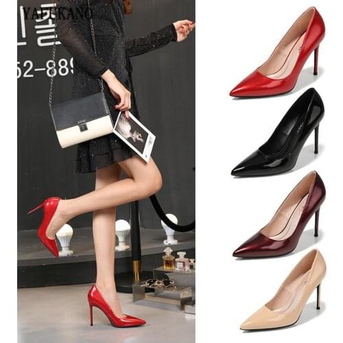 Sexy Thin Heel Pointed Toe High Heels Black Patent Leather Women Shoes Brand Design High-Quality Pumps Red Wedding Party Shoe 33