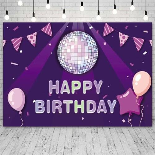 Rotating Neon Ball Lights Dance Stage Vinyl Backdrops Happy Birthday Banner Photo Backgrounds For Cake Dinner Table Decor Poster