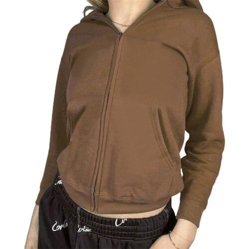 Women Fleece-lined Long Sleeve Outwear Autumn Ladies Solid Color Zipper Hoodies Casual Pocket Hooded Cardigan