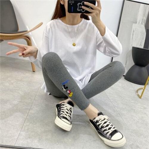 Ladies Cartoon Mickey Embroidered Threaded Leggings Spring New High Waist Stretch Slim Thin Nine Pencil Pants