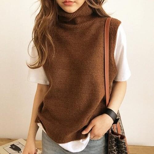 Womens Knitted Angora Rabbit Cashmere Wool Turtleneck Vest Side Slit Winter Female Wool Sweater Sleeveless Waistcoat New Vogue