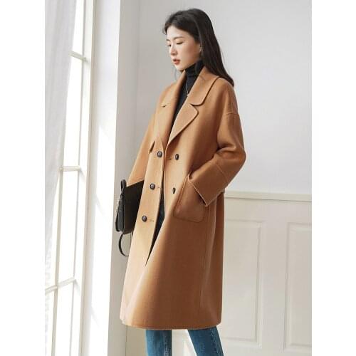 Double sided cashmere coat womens middle and long style new fashion in autumn and winter 2021 loose long knee tweed coat women