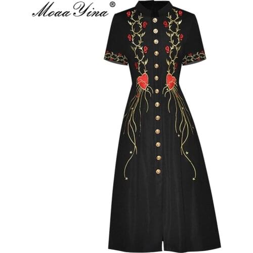 MoaaYina Fashion Designer Summer Black Midi Dress Womens Stand-up collar Single-breasted Embroidered Vintage Party Dress