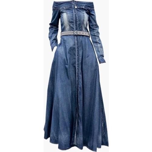 Women flower embroidery slash neck long denim jeans dress vintage off shoulder a-line dress