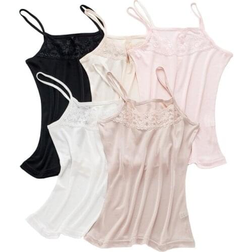 2019 Summer Women Lace Nature Silk Sling Female Basic New Splicing V-neck Bottoming Shirt Sexy Silk Camisoles Elegant Vest