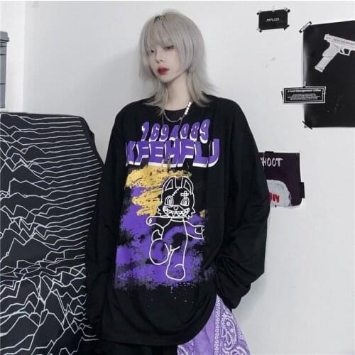 2021 Black Oversized Cotton T-shirt Funny Long Sleeve Women Tee Shirt Femme Tops Ladies High Street TShirt Streetwear Girls