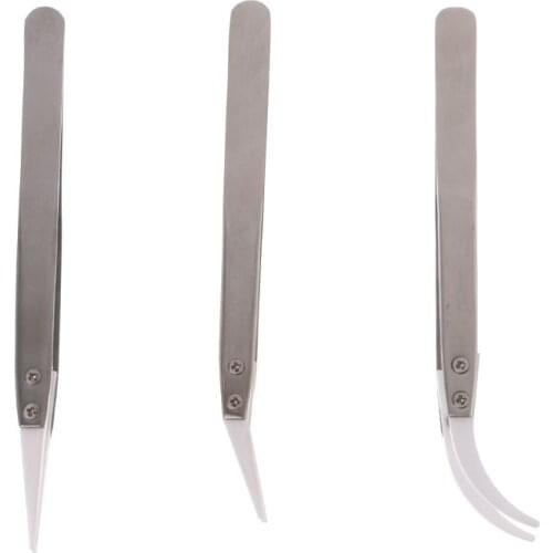 3pcs Non Conductive Anti-Static Ceramic Tweezers IC SMD SMT Tweezers Curved Straight Tweezers Heat Resistant 1000 Degree Hand To