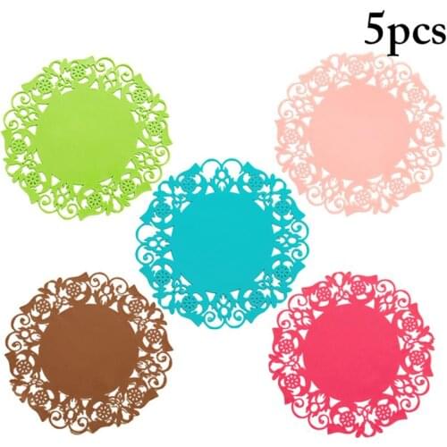 5Pcs/Set Flower Shape Coaster Hot Pad Heat-Resistant Round Silicone Trivet Mat Drink Coaster Home Supplies