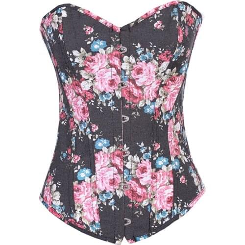 BlacK Denim Floral Print Vintage Overbust Corsets Boned Bustiers Top Women Burlesque Sexy Lingerie Jeans Victorian Waist Corset