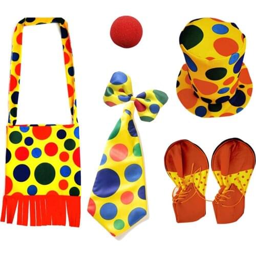 Children Kids Party Halloween Clown Costume Clown Polka Dots Hat Tie Nose Shoe Bag Cosplay Props Circus Accessories Set Pack