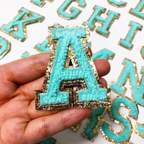 Blue Towel Embroidered Letters Iron On Patch Applique Diy Name Badge Alphabet Sequins Patches For Kid Clothing Bags Accessories