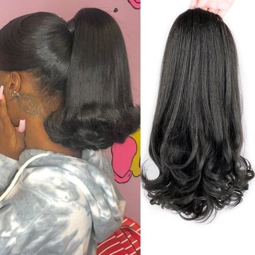 AZQUEEN 18" 90s Yaki Ponytail Synthetic Tail Warping Kinky Straight Hairpiece Black Drawstring Ponytail Hair Extension 3colors