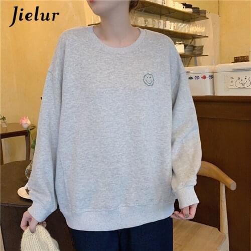 Jielur Oversized Hoodie Female Korean Fashion Pullover Sweatshirt Women Loose Embroidery Autumn Warm Pink Gray Fleece Hoody M-XL