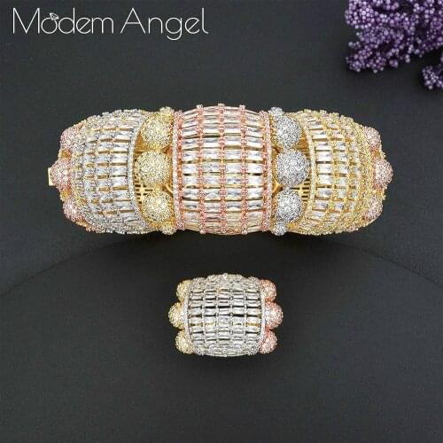 ModemAngel Luxury Big Delicate Bangle Ring Set For Women Full Micro Cubic Zircon Pave Party Wedding Saudi Arabic Dubai Jewelry