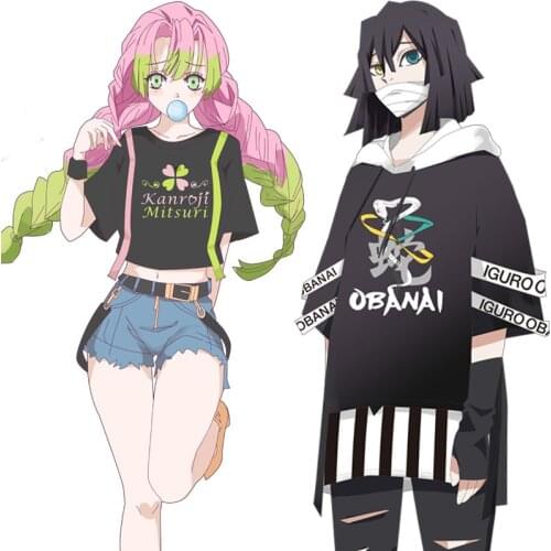 Anime Demon Slayer Kanroji Mitsuri / Lguro Obanai Cosplay Costume Daily Short Sleeves T-shirt Tops Women Girls Clothes C108K194