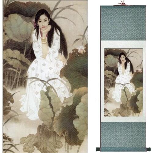 Pretty \Girl art painting Chinese Art Painting Home Office Decoration Chinese painting beautyfull woman and water liliy