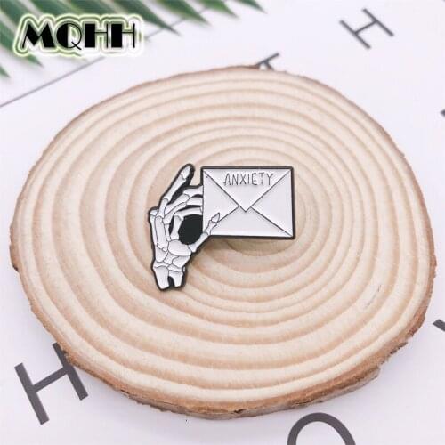 Creative Black and White Bone Hand Envelope Enamel Brooch ANXIETY Alloy Badge Clothes Bags Pins Punk Women Jewelry Gifts