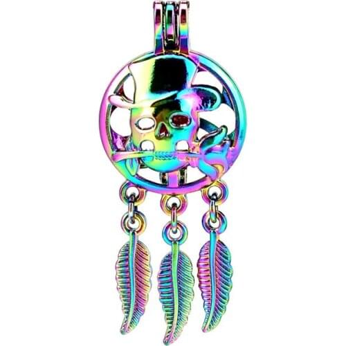 C926 5pcs/lot Rainbow Color Dream Catcher Skull Rose Hat Halloween Leaf Cage Pendant Pearl Locket Fairytale Party