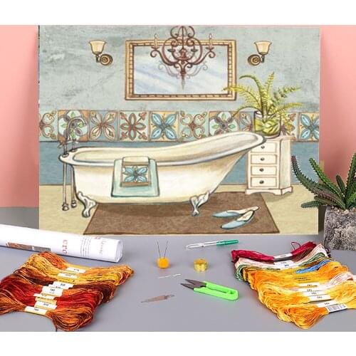 Landscape Bathroom Pre-Printed 11CT Cross-Stitch Kit DIY Embroidery DMC Threads Hobby Craft Needlework Sewing Mulina Magic