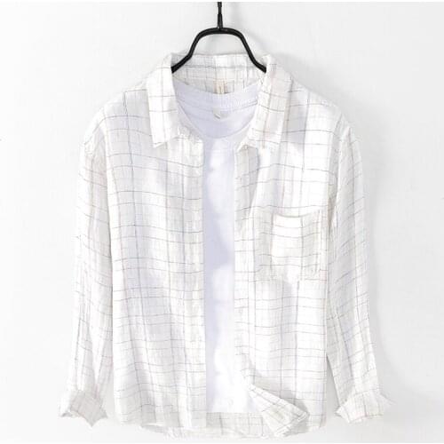 2021 New Suehaiwes brand Italy casual pure linen plaid shirt men fashion long-sleeved white shirts for men top camisa chemise