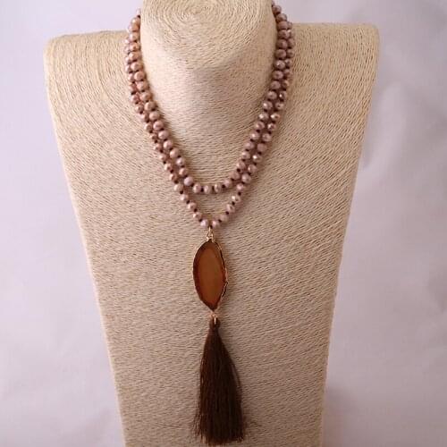 Free Shipping Fashion Knotted Halsband Brown Crystal Beads Link Semi Long Tassel Necklace