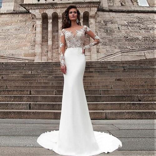 Wonderful Satin See Through Bateau Neckline Mermaid Wedding Dresses Applique Lace Long Sleeves Sheath Bridal Dress vestidos de