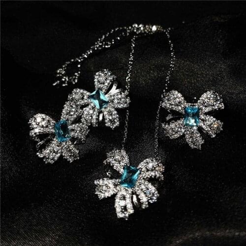 QTT Ladies Elegant Jewelry Sets 925 Sterling Silver Flower AAA CZ Earring Ring Neckalce Wedding Bridal Jewelry