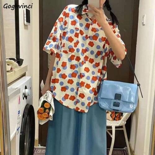 Shirts Women Summer Loose Straight All-match Retro Print Flowers Colorful Ulzzang Fashion Pockets Single-breasted Tops Students