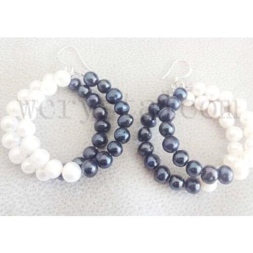 Hoop Earrings natural Round White Black Freshwater Pearl 7-8mm