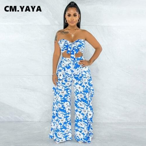 CM.YAYA Women Set Print Sleeveless Strapless Crop Tops Ruffles Wide Leg Pants Two 2 Piece Sets Sexy Fashion Outfit Summer 2021