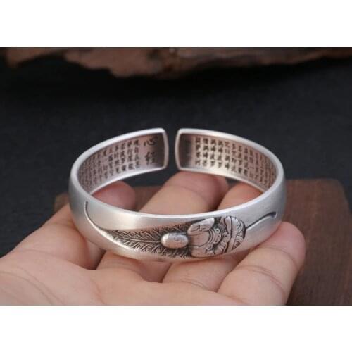 Solid 999 Sterling Silver lotus flower HEART SUTRA Pray Mens Women Retro Cuff Bangle Bracelet jewelry A4425