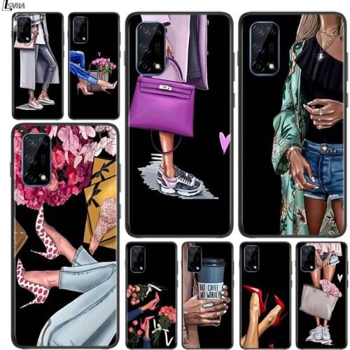 High Heels Flower Girl for OPPO Realme V15 X5 X3 X50 X7 V5 C21 C17 C11 C3 C2 7 7i 6 6S 6i 5 3 2 Pro Soft Black Phone Case