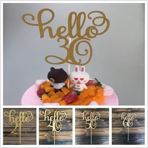 11.5x15cm Hello 21/30/40/50/60 Gold Glitter Birthday Age Cake Topper For Wedding Birthday Anniversary Party Cake Decoration