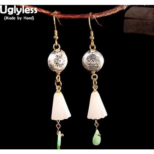 Uglyless Vintage Ethnic Long Dangle Earrings for Women Natural Jade Tassels Earrings 925 Silver Fashion Fine Jewelry for Women