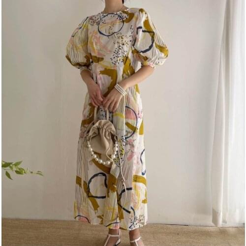 South Korea French chic early autumn fashion temperament loose show thin long art color print waist dress