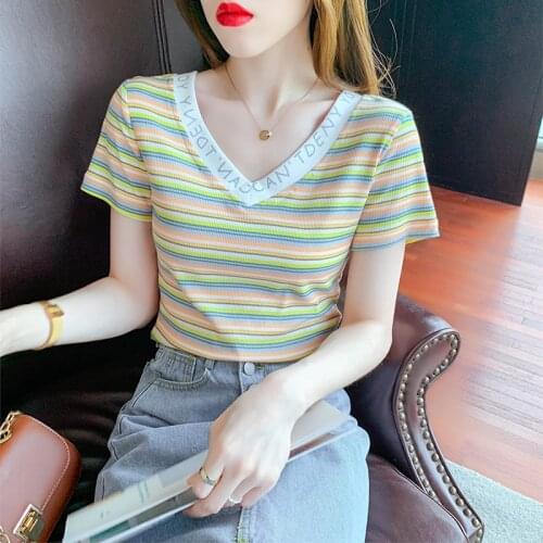 Short-sleeved t-shirt womens summer 2021 v-neck slim letter print striped top