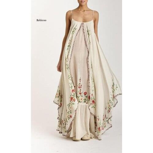 Women Vintage Loose Print Dress Halter Sleeveless Elegant Long Maxi Dress Ladies Irregular Party Dress Plus Size