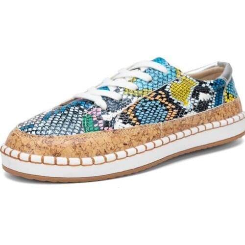 2021 Autumn Women Shoes Hand-stitched Flats Women Serpentine Printing Lace-Up Casual Shoes Retro Platform Women Sneakers WSH4053