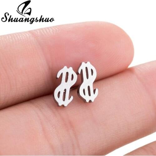 Shuangshuo Minimalist Dollar Stainless Steel Earrings for Women Jewelry Dollar Money Shape Stud Earrings Gold Jewellery Studs