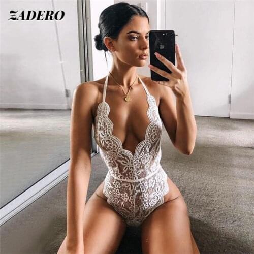 Sexy Bodysuits Women Jumpsuits Halter Lace See Through Bodysuit Deep V Neck Bandage Playsuit White Backless T Shirt Crop Tops