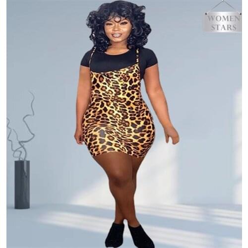 Plus Size Two Piece Set Women Wholesale Clothing Dress Sets Black Tshirts Tank Dress Leopard Print New Matching Set Dropshipping