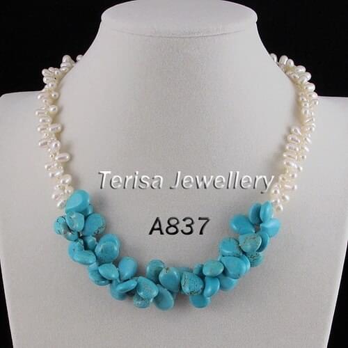 Fashion Ladys Pearl Jewelry White Genuine Freshwater Pearl Blue Stone Necklace 18 inches 2 Rows Handmade Necklace
